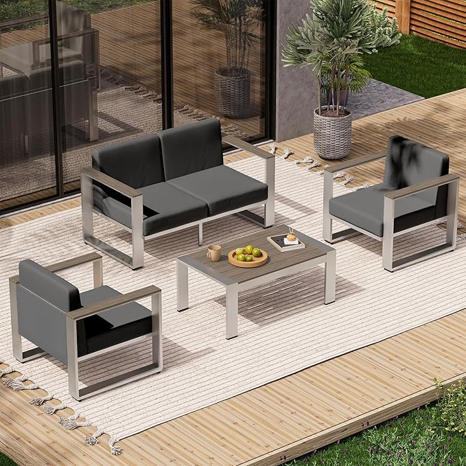 ComfCove Aluminum Outdoor Furniture Set, 4 Seats Outdoor Patio Conversation Sets with Ergonomic Seat and Wide Washable Thick Cushions, Modern Patio Sectional Furniture for Balcony, Porch (Charocal)