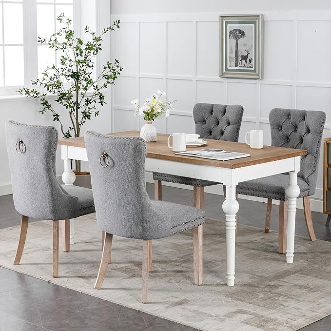 YeahFurn Grey Mid Century Modern Dining Chairs Set of 2, Linen Upholstered Kitchen & Dining Room Chairs with Nailhead Trim & Solid Wood Legs, Elegant Sillas De Comedor (Grey, 2 Pcs)