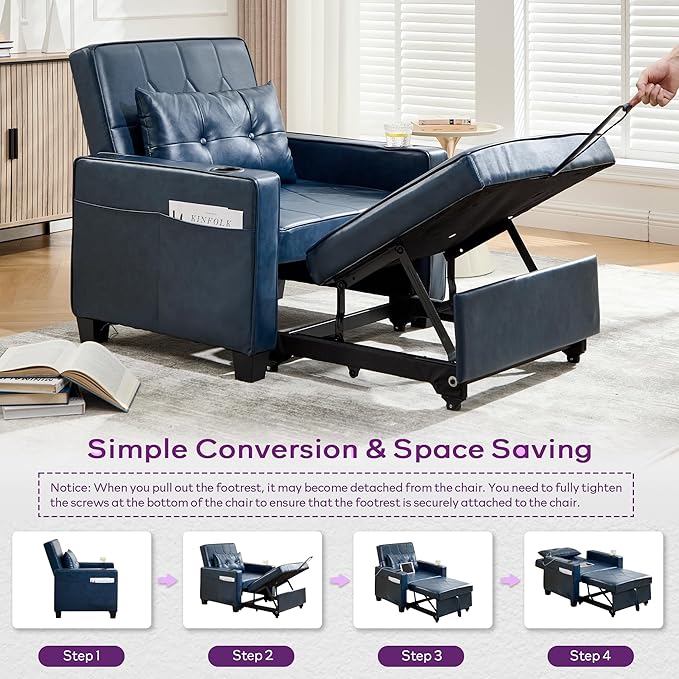 TYBOATLE Leather Convertible Sleeper Chair Bed for Adults, 3-in-1 Pull Out Sofa Chair Bed with USB/Type-C Ports, Cup Holders, Side Pockets, Single Sofa for Living Room, Bedroom, Office (Blue)