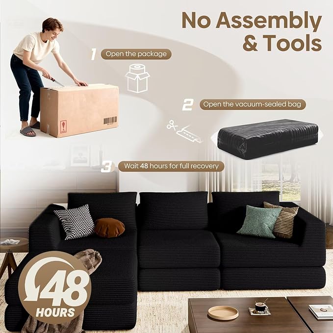 L-Shaped Corduroy Modular Sectional Couch, Modern Floor Couch Sofa for Apartment Living Room, Convertible Sleeper Sofa Bed with 3 Pillows, No Assembly Required, Black