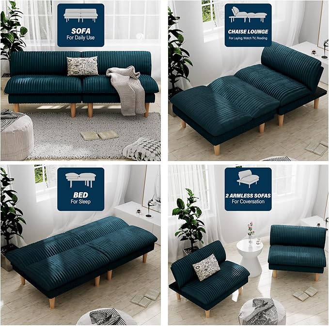3 Sets 69" Futon Sofa Bed, 4 in 1 Multi-Function Couch Sleeper with Adjustable Backrest, Modern Convertible Futon, Recliner Small Loveseat for Living Room, Plush Blue