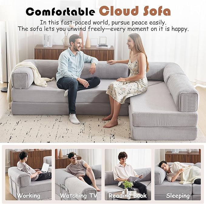 Modular Convertible Sofa Bed 106" L-Shaped with Reversible Chaise, Corduroy Floor Sleeper Boneless Couch, Folding Futon for Living Room, Apartment, Small Spaces, No Assembly Required, Grey