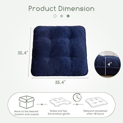 35" Washable Floor Pillow Cushion for Adults, Meditation Cushion Pillow, Extra Large Square Floor Sitting, Removable Tufted Corduroy Cover, for Tatami Living Room or Yoga, Navy, Machine Washable