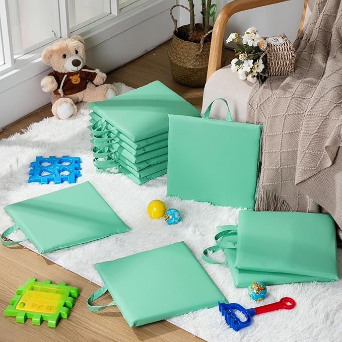 Suzile 12 Pcs 12'' Square Floor Cushions for Kids Classroom Flexible Floor Seating Elementary with Handles Classroom Carpet Cushions for Adults Toddlers Daycare Preschool School(Mint Green)