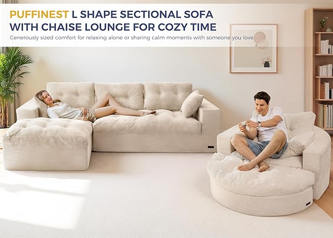 MAXYOYO L Shape Sectional Sofa Couch and Round Chaise Lounge, Modern Cloud Couch with Ottoman, Comfy Sofa with Layered Cushion, Tufted Upholstered Sleeper Chair for Living Room, No Assembly Required