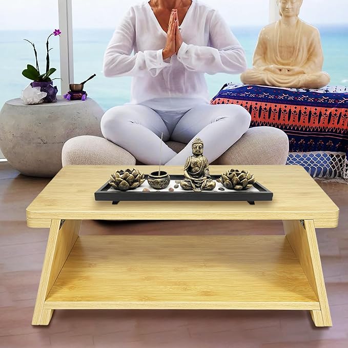 koretech Floor Table, Altar Table Paulownia Folding Design, Low Meditation Table for Sitting on The Floor Japaness Table Tatami Table (Bamboo Color)