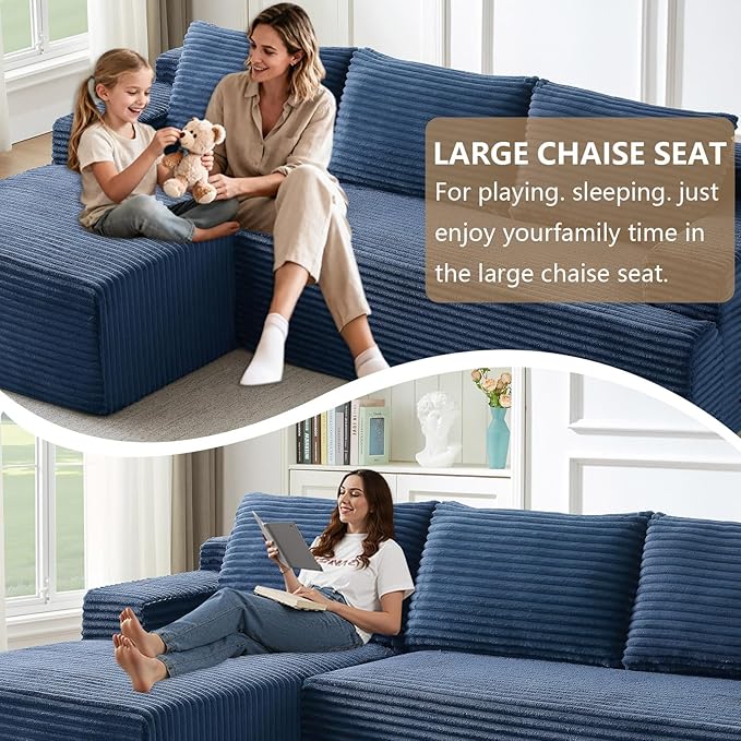 96.1" Modular Sectional Sofa Couches L-Shape Couch 3 Seat Modular Sofa Corduroy Memory Foam Sectional Boneless Couches for Living Room, Cloud Couch with Oversized Chaise(Blue, Left Facing)