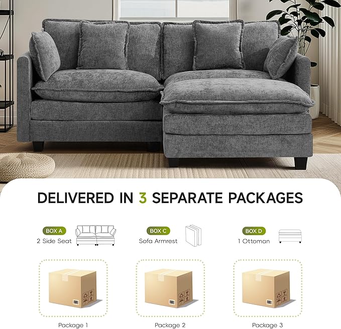 UMBFUN Cloud Couch Loveseat with Ottoman, Oversized Comfy Modular Sectional L Shaped Sofa with Deep Seat Cushions, Chenille 2-Seater Lounge Set for Living Room, Grey