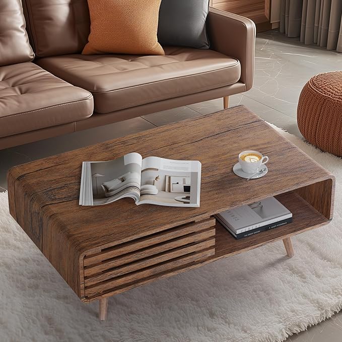 Easyego Coffee Table with Storage, Farmhouse Wood Tables for Living Room, Easy Assembly, Suitable for Various Home Styles (Walnut)