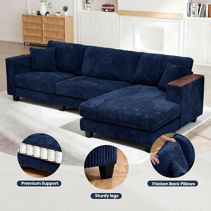 FurniMix 4-Seat Corduroy Sectional Sofa with Swappable Chaise, Soft Upholstery, Wide Seats & Armrest Storage,Blue