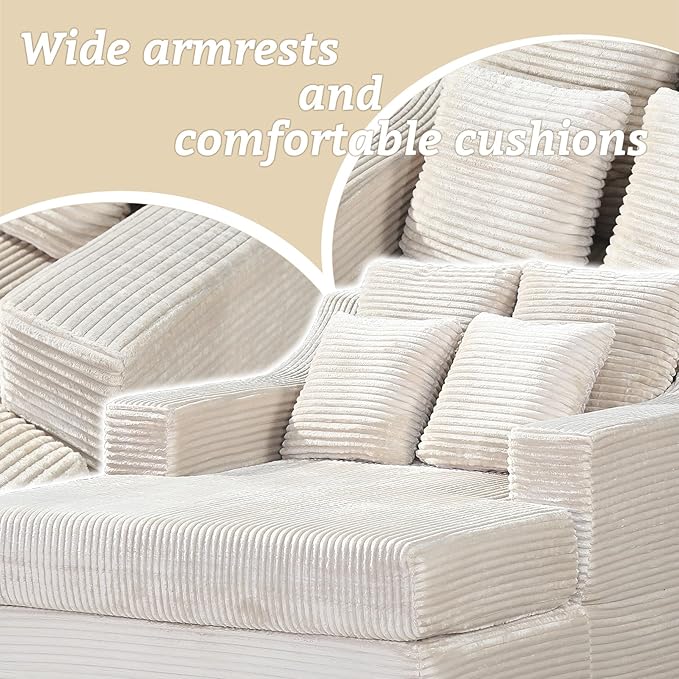 47" Boneless Chaise Lounge Chair Indoor,No Assembly Single Sleeper Upholstered Boneless Couch with 4 Pillows,Comfy Pet Friendly High Weight Capacity Foam for Bedroom,Living Room,Study Room,Beige