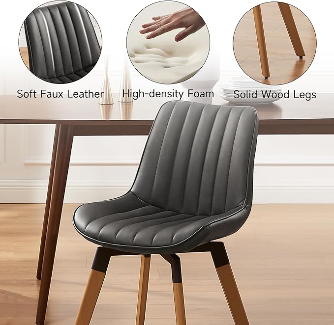 Art Leon Swivel Dining Chairs Set of 2, Mid Century Modern Kitchen Dining Room Chairs, Upholstered Faux Leather Armless Side Chair with Wood Legs for Living Room Bedroom, Dark Gray