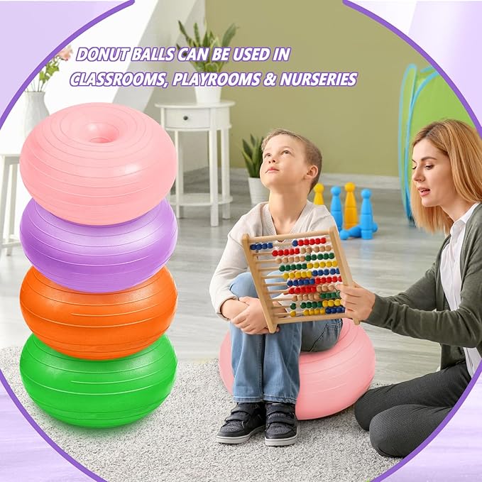 Lewtemi 4 Pcs Flexible Seating for Classroom Elementary 20 Inch Yoga Ball Chair Inflatable Donut Ball Chair with Inflator for Kids Student Sensory Balance Office Exercise