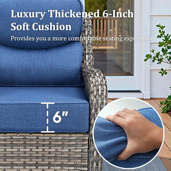 Pugire Luxury High Back Patio Furniture Set with 6-Inch Thick Cushions, 5-Pieces Outdoor Furniture with Swivel Chairs, Wicker Conversation Set for Porch, Balcony, Deck and Yard, Grey/Blue