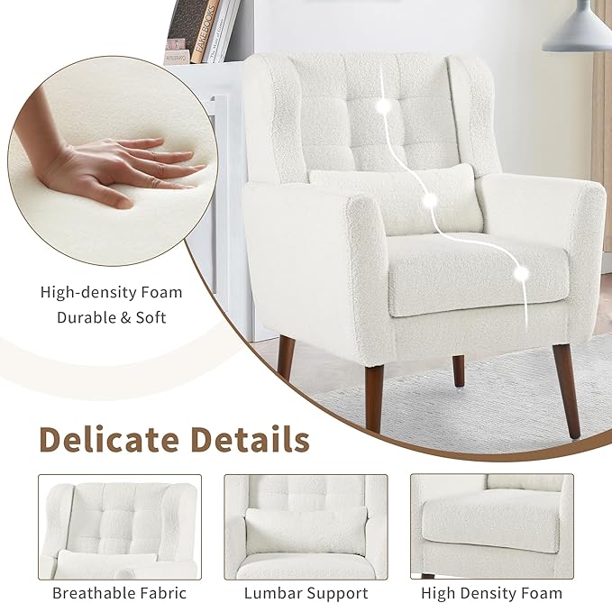 CHSICFOR Modern Accent Chair, Upholstered Arm Chair with Waist Pillow, Single Sofa Chair for Living Room Bedroom Small Spaces (White)