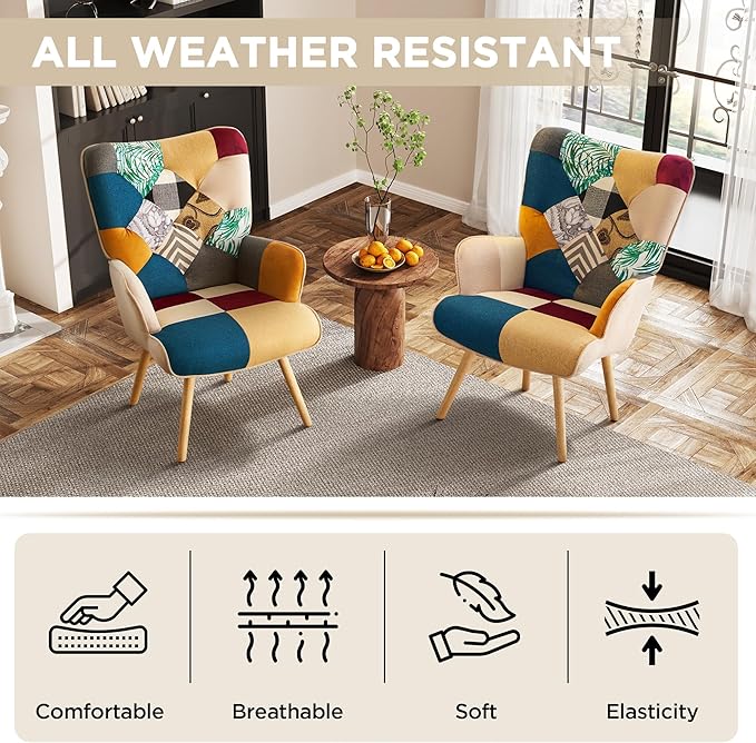Accent Chair, Living Room Chair, Modern High Back Armchair, Colorful Patchwork Reading Chairs for Bedroom, Lounge Chair with Linen Fabric Shell and Solid Wood Feets (2, Colorful)