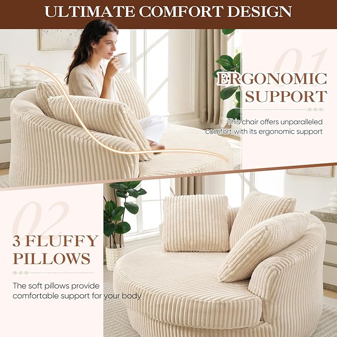 61"W Oversized Round Chaise Lounge Chair Indoor, Upholstered Corduroy Large Circle Boneless Chair with Deep Seat, No Assembly Required, Modern Comfy Cloud Sofa Chairs for Living Room, Bedroom(Beige)