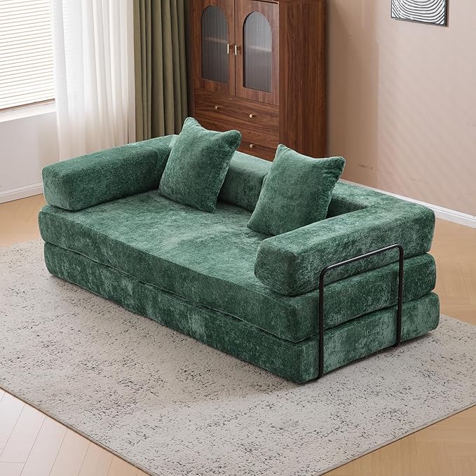 Floor Couch,Compression Sofa,Convertible Floor Sofa Bed-with Pillow Back Support Armrest,Comfy Futon Couch Lounge Sleeper Bed,Flannel Fabric,for Living Room Bedroom (Dark Green)