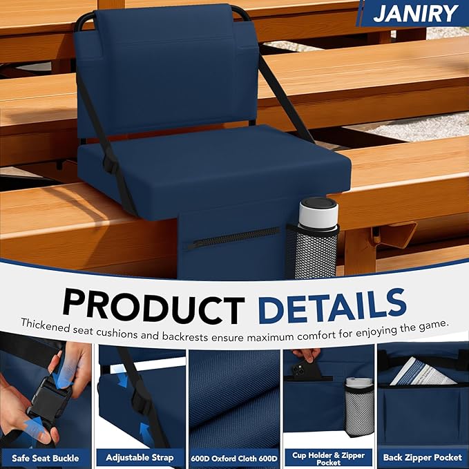 Stadium Seat for Bleachers with Back Support,Portable Bleacher Chairs with Back and Cushion，Navy