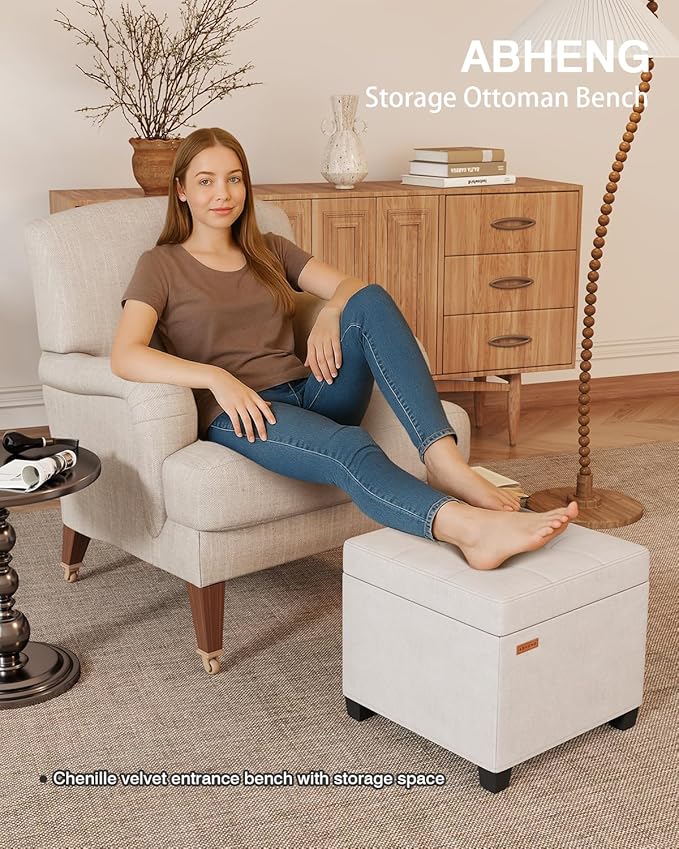 ABHENG 17.7 inches Chenille turfed Ottomans Cube with Storage, Metal-Framed Square Storage Ottoman Foot Rest Stool Holds 770 LB for Dorm Living Room Bedroom White UASND641W