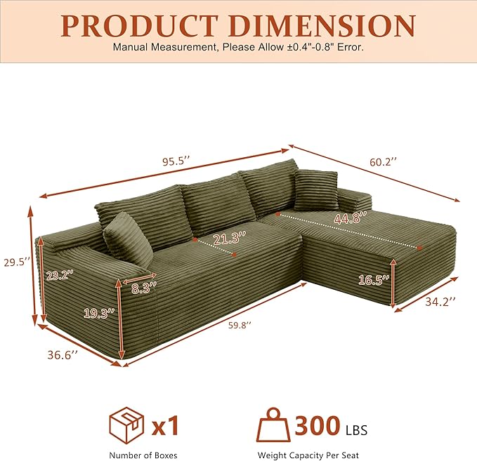 HYJT-H&K Modular Sectional Sofa Cloud Sectional Couch, 95" Comfy Fluffy L Shaped Green Couches for Living Room, Deep Seat Memory Foam Plush Corduroy Boneless Couch Sectionals Right Facing Chaise Sofa