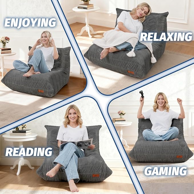 Bean Bag Chair,Giant Beanbag Chairs for Adults,Comfy Large Fireside Chair Lazy Sofa,Corduroy Bean Bag Lounger with Memory Foam Filled,Floor Sofa Couch for Home,Dorm,Living Room (Dark Grey)