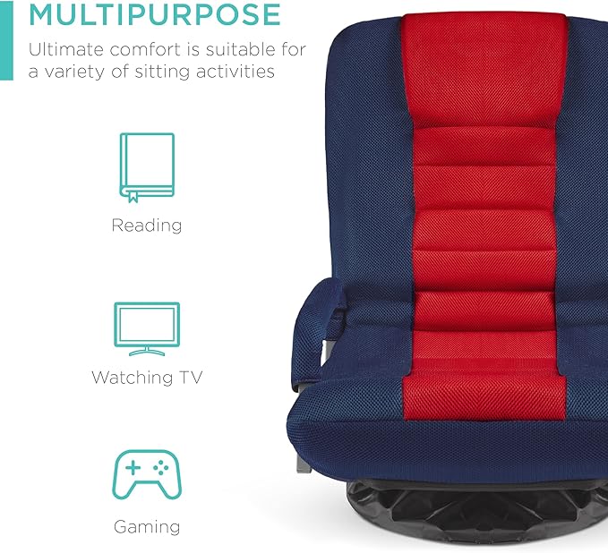 Best Choice Products Swivel Gaming Chair 360 Degree Multipurpose Floor Chair Rocker for TV, Reading, Playing Video Games w/Lumbar Support, Armrest Handles, Adjustable Foldable Backrest - Blue/Red