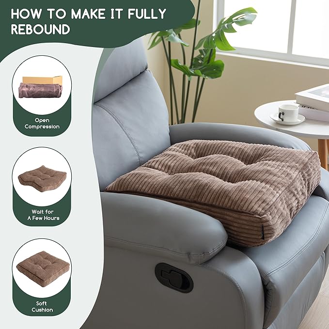 Tufted Corduroy Recliner Seat Cushion for Elderly, High Density Foam Large Square Seat Cushion for Recliner Chair, Floor Pillow, Office Chair, Car, No Pressure on Thighs, 20x20x4