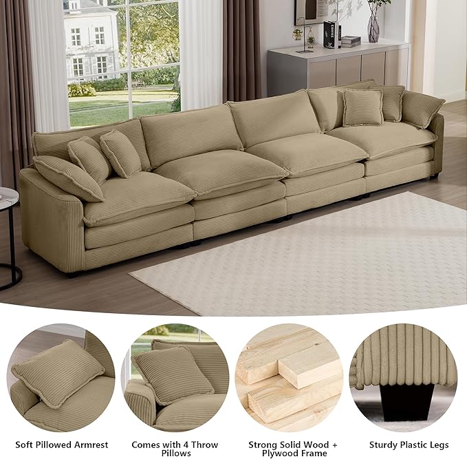 Aoowow Corduroy 4 Seater Sofa Couch,Modern Large Cloud Couches for Living Room,Tufted Modular Sectional Cloud Sofas with Deep Seat,Oversized 4 Seat Sofa Set. (Tan, 4 Seater)