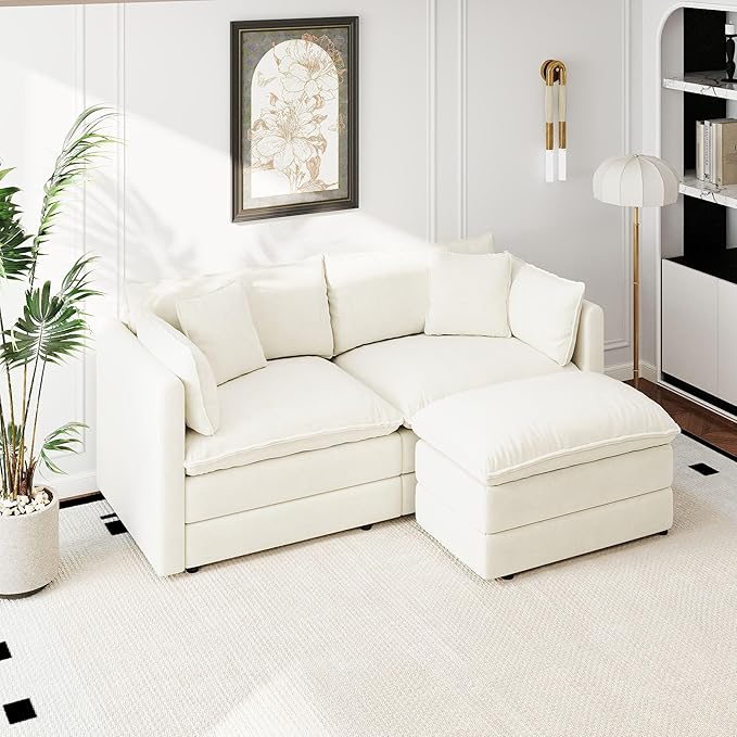 Aoowow Modular Sectional Sofa Modern Convertible Loveseat Couch,77.16 Inch Deep 2-Seater Sofas Comfy Chenille Cloud Sofas and Couches Set with Movable Ottoman for Living Room Apartment（Beige）