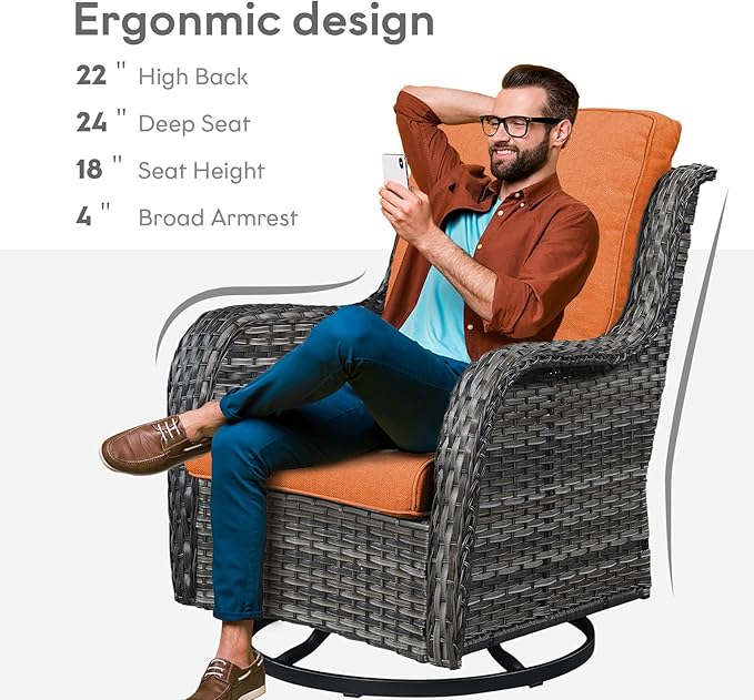Belord Outdoor Swivel Rocker Wicker Chairs Set of 3, High Back Swivel Patio Chairs Wicker Furniture Set, 2 PCS Rattan Swivel Rocking Chair with Side Table, Orange Cushion