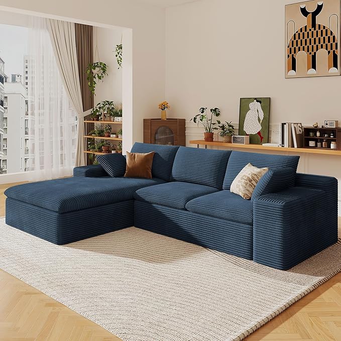 107" Cloud Sectional Couch with L-Shape Chaise, Modern Corduroy Viral Boneless Sofa for Living Room,Memory Foam Couches in a Box with Deep Seat,No Assembly Required (Blue,Left-Facing Chaise)