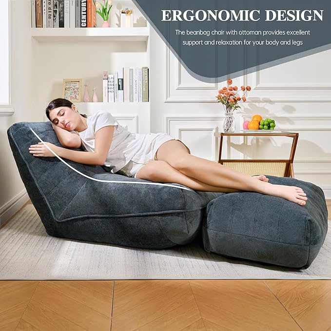 Cvortll Bean Bag Chair with Ottoman, Comfy Bean Bag Sofa with Memory Foam, Lazy BeanBag Sofa with Footstool, Fireside Bean Bag Couch for Living Room, Bedroom, Apartment (Blue Gray)