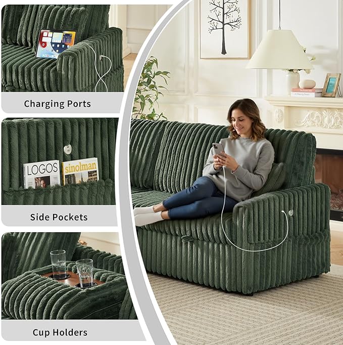 Sleeper Sofa Bed, 81” Pull Out Couch Bed with Reversible Storage Chaise, 3 in 1 L-Shaped Couch with Charging Station, Cup Holder, Side Pocket, Plush Corduroy Couches for Living Room(Green)