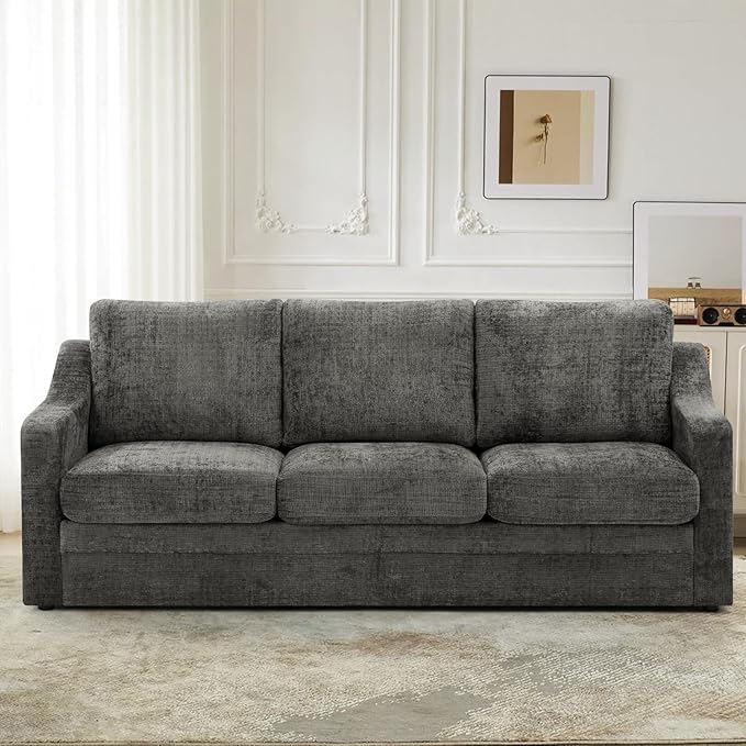 ACMEASE 83 Inches Chenille 3-Seat Sofa w/Comfortable Back Cushions, Modern Sofa w/Deep Seat Space, Upholstered 3 Seater Couch w/High Resiliency Foam for Living Room, Grey
