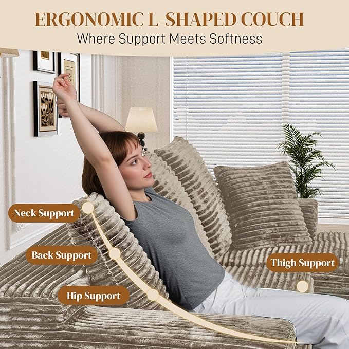 108" Boneless Cloud Sectional Couches for Living Room, Comfy Fluffy L Shaped Memory Foam Deep Seat Boneless Couch, Modular Sectional Sofa with Right Facing Chaise, Brown