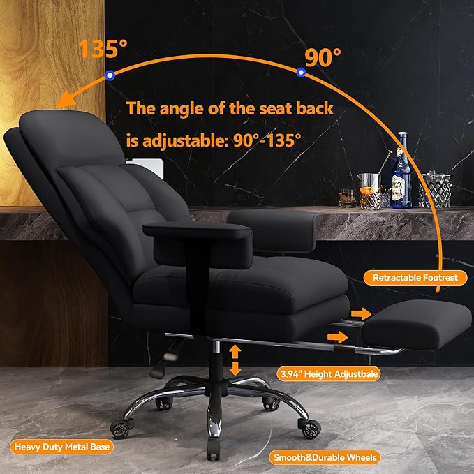 WXJHL Office Chair with Leg Rest, Leather High Back Executive Office Chair with Wheels, Ergonomic Desk Chairs with Lumbar Support for Home Office, Black
