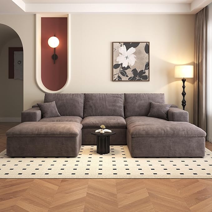 107'' U-Shaped Modern Modular Sectional Cloud Couch Whit Ottoman, 4-Seat Chenille Deep-Seat Sofa with Pillow for Living Room, Bedroom, Apartment, Camel