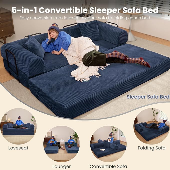 79" Convertible Sofa Bed, Boneless Corduroy Sleeper Foldable Modular Couch, Memory Foam Compressed Sofa in A Box, Folding Mattress Floor Couch for Small Space Living Room Apartment Bedroom, Blue