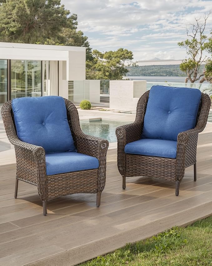 ACTREST Patio Wicker Chairs Outdoor Furniture Chair - Set of 2 Outside All Weather Lawn Dining Brown Rattan Armchair with High Back&Deep Seating for Deck Porch Balcony Backyard Garden - Navy Blue