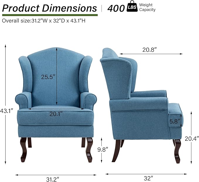DREAMSIDEA Accent Chair, High Back Upholstered Armchair with High Resilience Sponge & Wood Legs, Mid-Century Modern Comfy Single Sofa Reading Chairs for Living Room, Bedroom (Blue, Set of 1)