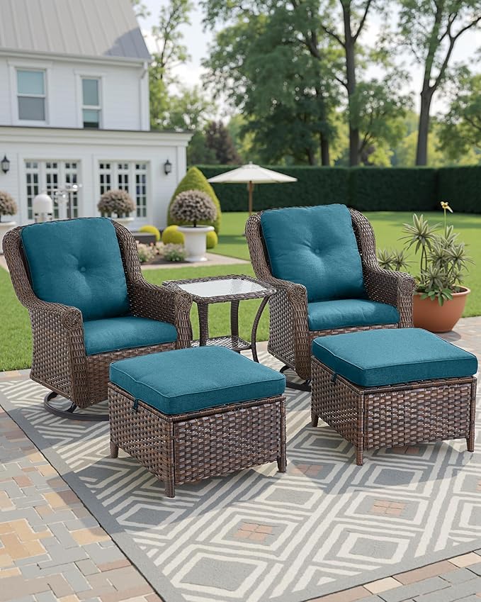 ACTREST 3 Piece Patio Swivel Chairs and Side Table Set - High Back Outdoor Brown Wicker Rattan Rocking Glider with Thick Cushions for Porch Apartment Deck Yard Poolside Garden - Peacock Blue