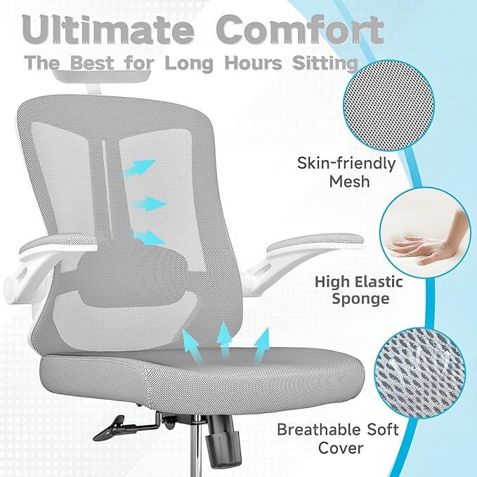 Ergonomic Office Chair - 400LB Comfy Desk Chairs with Adjustable Headrest and Lumbar Back Support, Mesh Computer Chairs with Wheels and Arms for Home Office, Study (Gray-with Headrest)