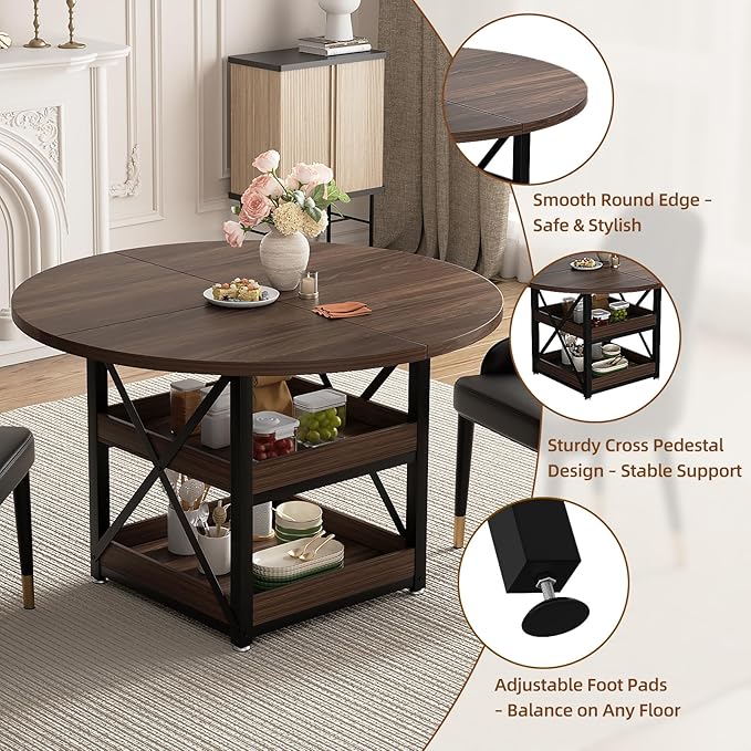 Round Dining Table with Storage for 4, Modern Kitchen Table for Small Space, Space Saving Dining Table for Dining Room, Apartment, or Breakfast Nook (Walnut - Table Only)