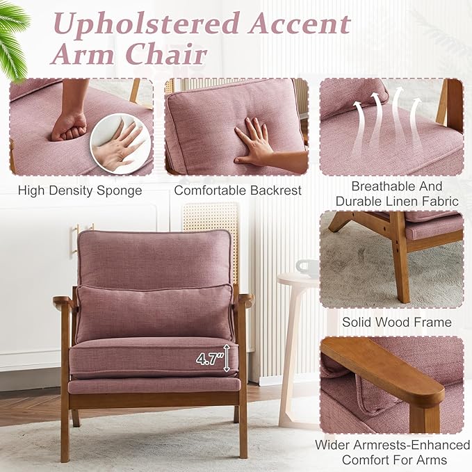 VINGLI Solid Wood Wide Armrests Accent Chair,Upholstered Mid Century Modern Chair with Pillow,Comfy Reading Chair Farmhouse Arm Chair,Chairs Living Room,Bedroom,Guest Room,Linen Fabric,Peachy Red