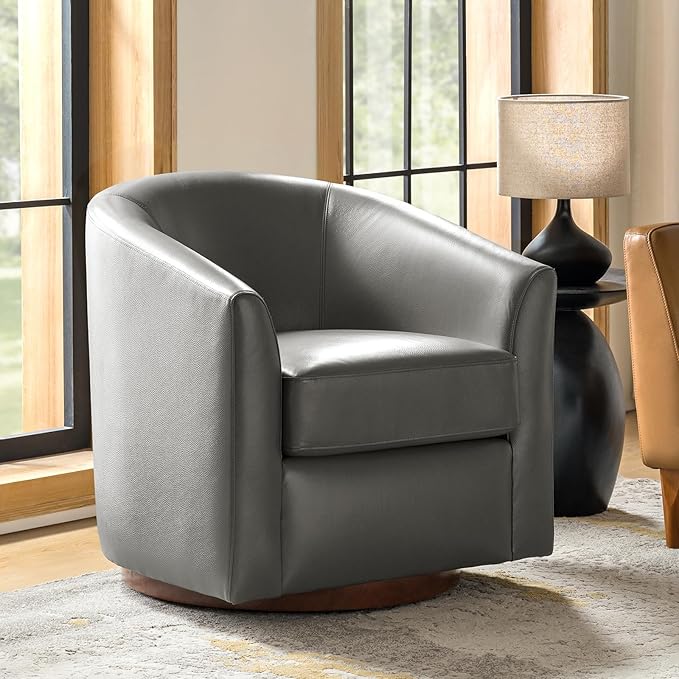 HULALA HOME Genuine Leather Swivel Accent Chair with Solid Wood Base, Round Swivel Barrel Chair for Living Room and Bedroom, No Assembly Required, Grey