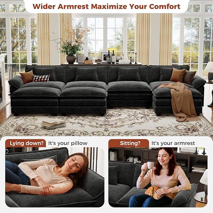 CDCASA 154" Oversized Modular Sectional Sofa, Comfy U-Shaped Cloud Couch w/ 3 Ottoman, 7-Seater Chenille Deep Seat Modern Sofa Couch for Living Room, Bedroom, Apartment, Office, Black