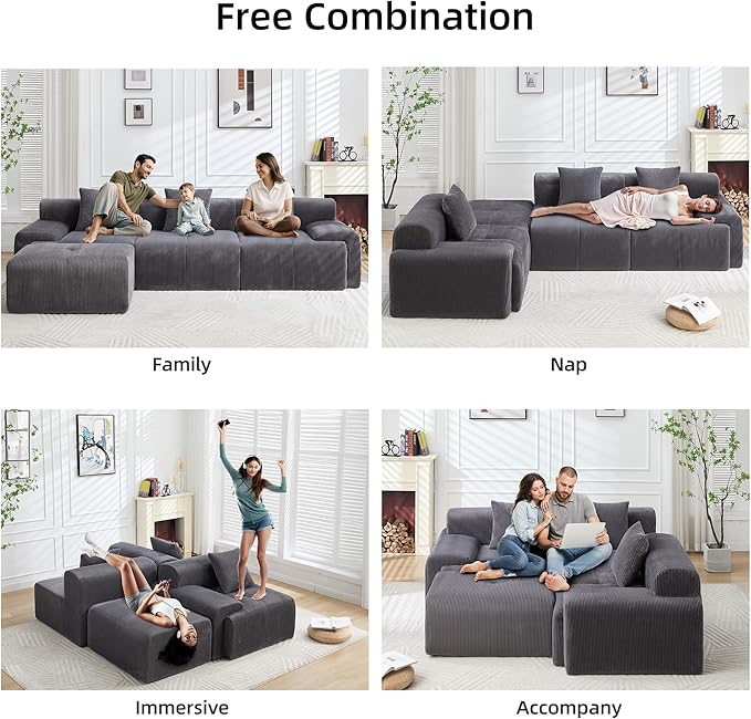 118" Modular Sectional Sofa, Cloud Sectional Couch with Chaise,Modern Boneless L-Shaped Sofas with Deep Seat, Upholstered Comfy Couches for Living Room, No Assembly Required, Plush Corduroy, Deep Gray