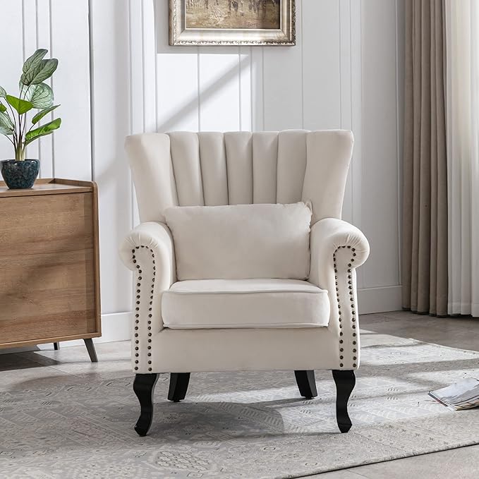 DM Furniture Mid Century Accent Chair Modern Tufted Wingback Armchairs Club Chair Velvet Fabric Single Sofa Reading Chair with Pillow for Living Room, Cream