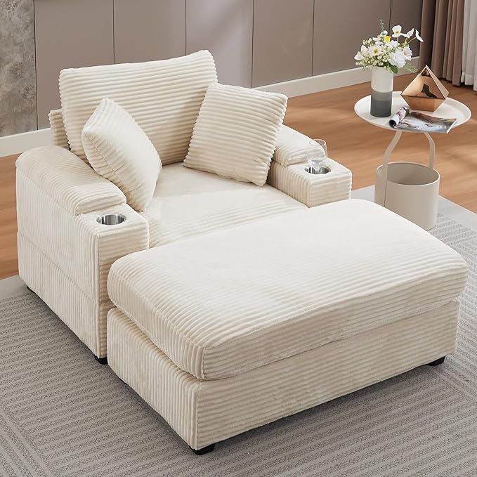 50" Oversized Chaise Lounge Chair Indoor with Ottoman and Storage, Deep Seat Upholstered Reading Chair, Comfy Corduroy Sleeper Chair with Cup Holder, Reclining Chair for Living Room, Bedroom, Beige